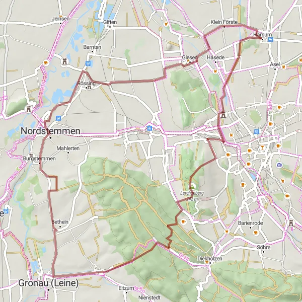 Karten-Miniaturansicht der Radinspiration "Gravel-Tour zu den historischen Stätten rund um Harsum" in Hannover, Germany. Erstellt vom Tarmacs.app-Routenplaner für Radtouren