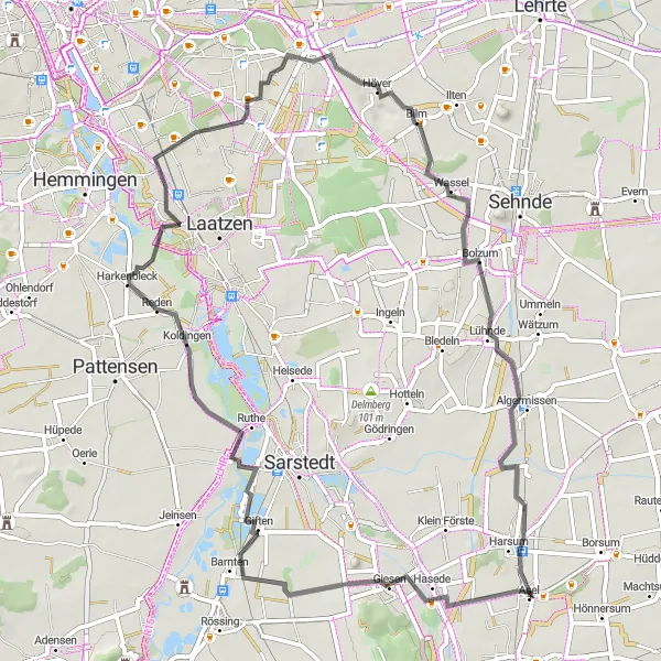 Map miniature of "Giesen to Harsum Loop" cycling inspiration in Hannover, Germany. Generated by Tarmacs.app cycling route planner