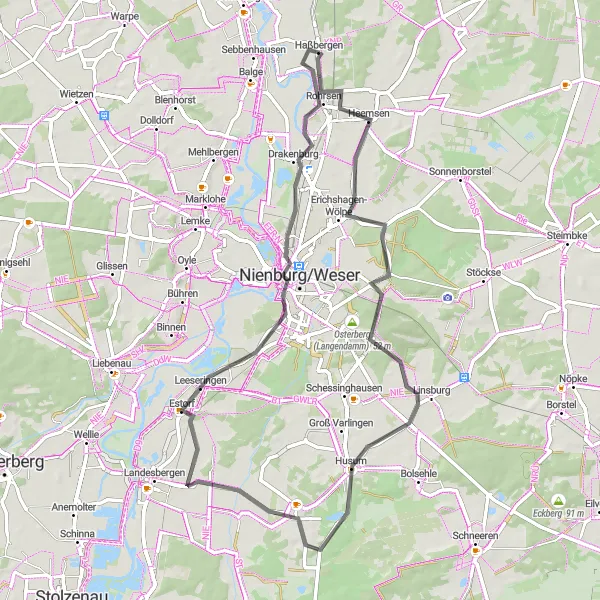 Map miniature of "Haßbergen to Heemsen Loop (Road)" cycling inspiration in Hannover, Germany. Generated by Tarmacs.app cycling route planner