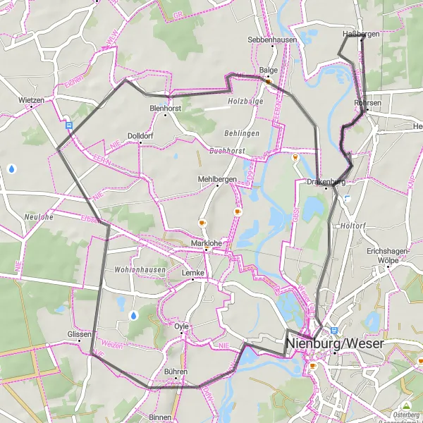 Karten-Miniaturansicht der Radinspiration "Rohrsen und Nienburg/Weser Rundweg" in Hannover, Germany. Erstellt vom Tarmacs.app-Routenplaner für Radtouren