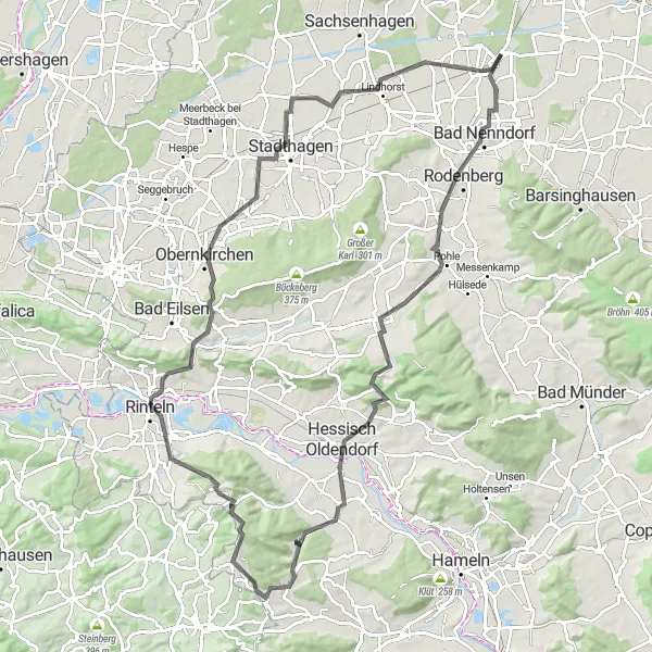 Map miniature of "Rodenberg and Hessisch Oldendorf Road Cycling Route" cycling inspiration in Hannover, Germany. Generated by Tarmacs.app cycling route planner