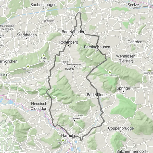 Map miniature of "The Hannover Hills" cycling inspiration in Hannover, Germany. Generated by Tarmacs.app cycling route planner