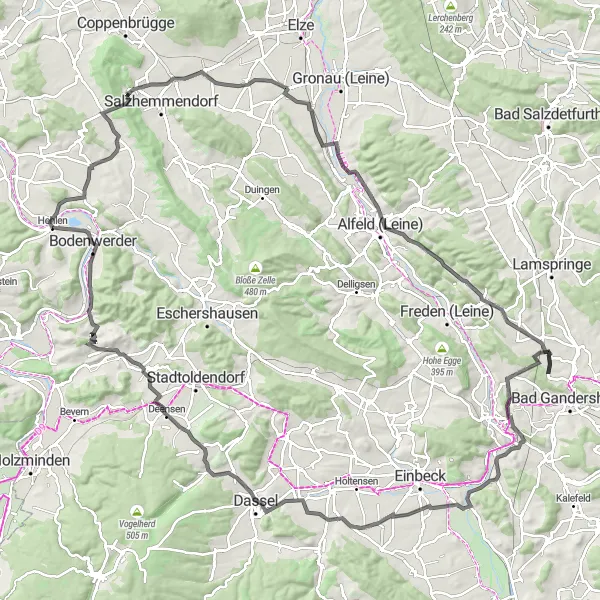 Map miniature of "Scenic Loop to Salzderhelden" cycling inspiration in Hannover, Germany. Generated by Tarmacs.app cycling route planner