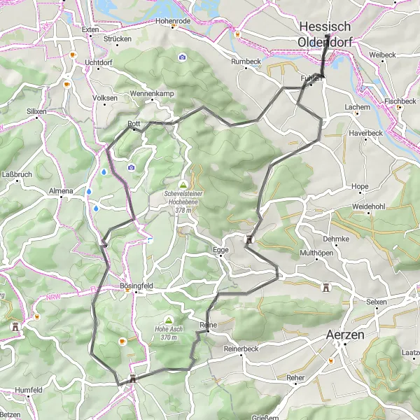 Map miniature of "Hessisch Oldendorf Countryside Ride" cycling inspiration in Hannover, Germany. Generated by Tarmacs.app cycling route planner