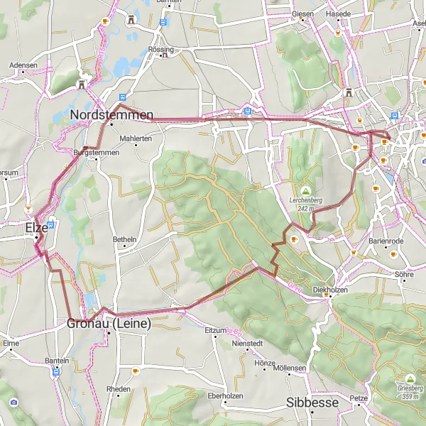 Map miniature of "Elze Gravel Tour" cycling inspiration in Hannover, Germany. Generated by Tarmacs.app cycling route planner