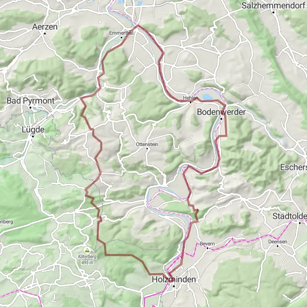 Map miniature of "Explore the Countryside: Holzminden Gravel Route" cycling inspiration in Hannover, Germany. Generated by Tarmacs.app cycling route planner