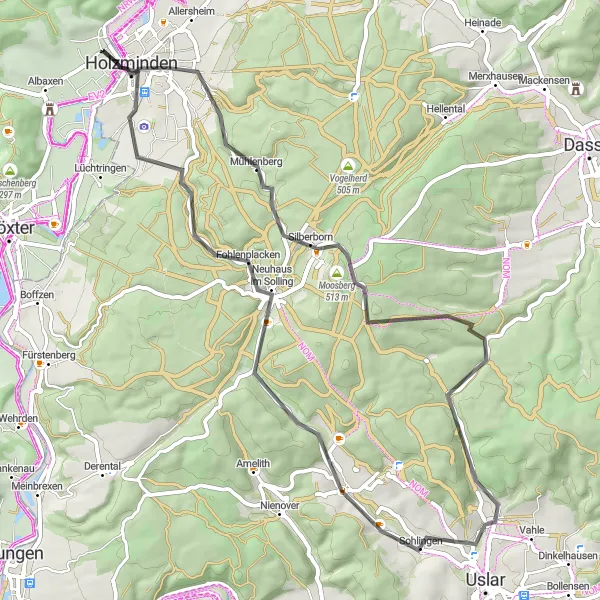 Map miniature of "Holzminden to Stahle Road Cycling Route" cycling inspiration in Hannover, Germany. Generated by Tarmacs.app cycling route planner