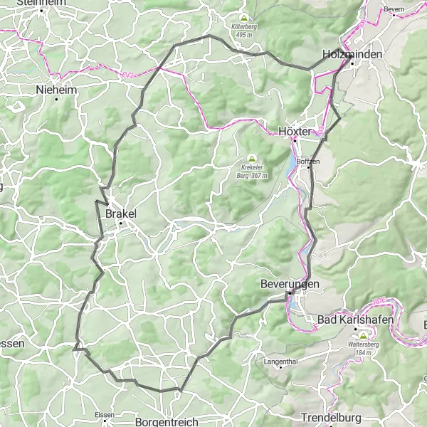 Map miniature of "Holzminden to Bödexen Road Cycling Route" cycling inspiration in Hannover, Germany. Generated by Tarmacs.app cycling route planner