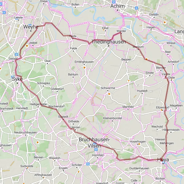 Map miniature of "Gravel Adventure in Hoya and Surroundings" cycling inspiration in Hannover, Germany. Generated by Tarmacs.app cycling route planner