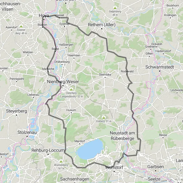 Map miniature of "The Long Road Cycling Journey to Bicken, Rehburg, and Nienburg/Weser" cycling inspiration in Hannover, Germany. Generated by Tarmacs.app cycling route planner
