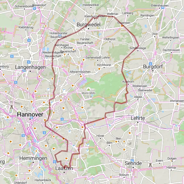 Karten-Miniaturansicht der Radinspiration "Gravel Route durch Bemerode und Anderten" in Hannover, Germany. Erstellt vom Tarmacs.app-Routenplaner für Radtouren