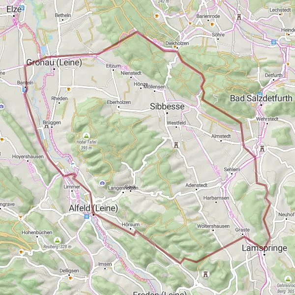 Map miniature of "Discovering Leinebergland" cycling inspiration in Hannover, Germany. Generated by Tarmacs.app cycling route planner