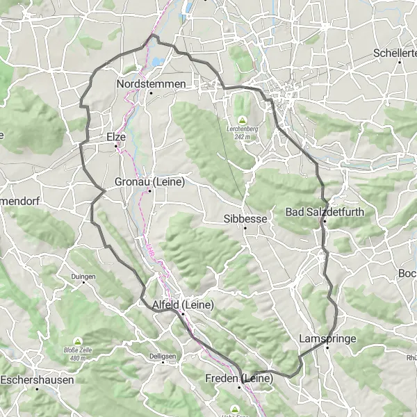 Map miniature of "Lamspringe to Winzenburg to Mädchenbrink to Rettberg to Hoyershausen to Eime to 3 Burgenblick / Wittenburg / Poppenburg / Marienburg to Calenberg to Emmerke to Adolf-Stoffregen-Turm to Bad Salzdetfurth to Hopfenberg" cycling inspiration in Hannover, Germany. Generated by Tarmacs.app cycling route planner