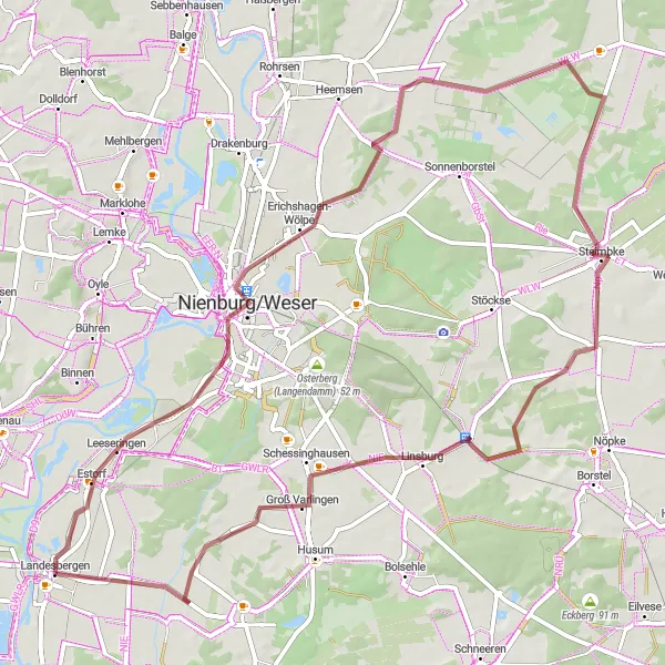 Map miniature of "Nienburg to Landesbergen Gravel Route" cycling inspiration in Hannover, Germany. Generated by Tarmacs.app cycling route planner