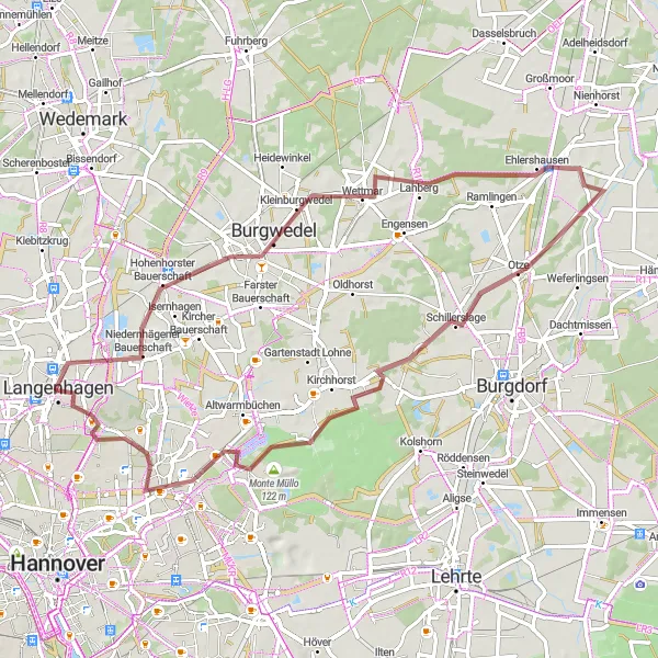 Map miniature of "Stunning Gravel Route to Wietzeblick" cycling inspiration in Hannover, Germany. Generated by Tarmacs.app cycling route planner