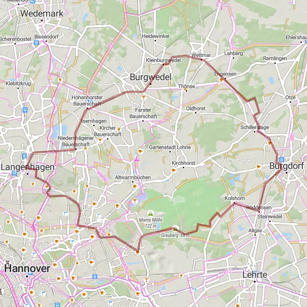 Map miniature of "Scenic Gravel Route to Burgwedel" cycling inspiration in Hannover, Germany. Generated by Tarmacs.app cycling route planner