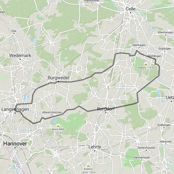 Map miniature of "Country Road Tour" cycling inspiration in Hannover, Germany. Generated by Tarmacs.app cycling route planner