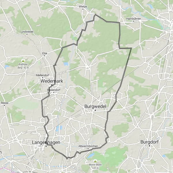 Map miniature of "Around the Backroads" cycling inspiration in Hannover, Germany. Generated by Tarmacs.app cycling route planner