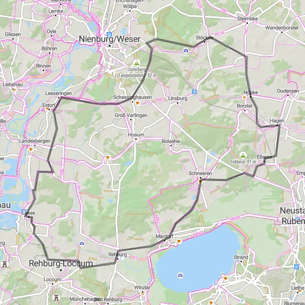 Map miniature of "Leese to Rehburg Loop" cycling inspiration in Hannover, Germany. Generated by Tarmacs.app cycling route planner