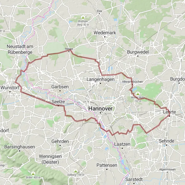 Map miniature of "Scenic Gravel Cycling Tour near Lehrte" cycling inspiration in Hannover, Germany. Generated by Tarmacs.app cycling route planner