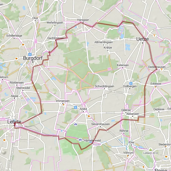 Map miniature of "Lehrte Gravel Cycling Adventure" cycling inspiration in Hannover, Germany. Generated by Tarmacs.app cycling route planner