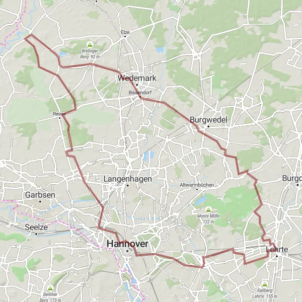 Map miniature of "Woodlands and Hills: Wittrebenberg Gravel Loop" cycling inspiration in Hannover, Germany. Generated by Tarmacs.app cycling route planner