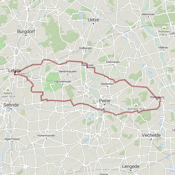 Map miniature of "Gravel Route from Lehrte" cycling inspiration in Hannover, Germany. Generated by Tarmacs.app cycling route planner