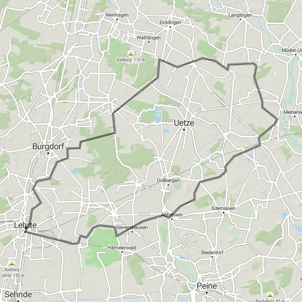 Map miniature of "Leisurely Road Cycling Loop near Lehrte" cycling inspiration in Hannover, Germany. Generated by Tarmacs.app cycling route planner