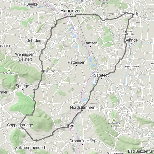 Map miniature of "Lehrte Ascent Road Cycling Route" cycling inspiration in Hannover, Germany. Generated by Tarmacs.app cycling route planner