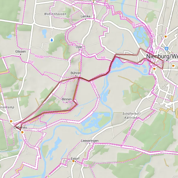 Karten-Miniaturansicht der Radinspiration "Gravel-Tour entlang der Weser" in Hannover, Germany. Erstellt vom Tarmacs.app-Routenplaner für Radtouren