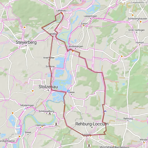 Map miniature of "Gravel Adventure in Liebenau" cycling inspiration in Hannover, Germany. Generated by Tarmacs.app cycling route planner