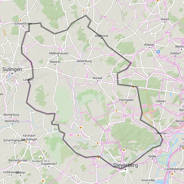 Karten-Miniaturansicht der Radinspiration "Rundtour von Liebenau nach Steyerberg" in Hannover, Germany. Erstellt vom Tarmacs.app-Routenplaner für Radtouren
