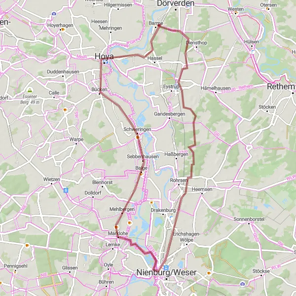 Karten-Miniaturansicht der Radinspiration "Gravel-Erkundungstour entlang der Weser" in Hannover, Germany. Erstellt vom Tarmacs.app-Routenplaner für Radtouren
