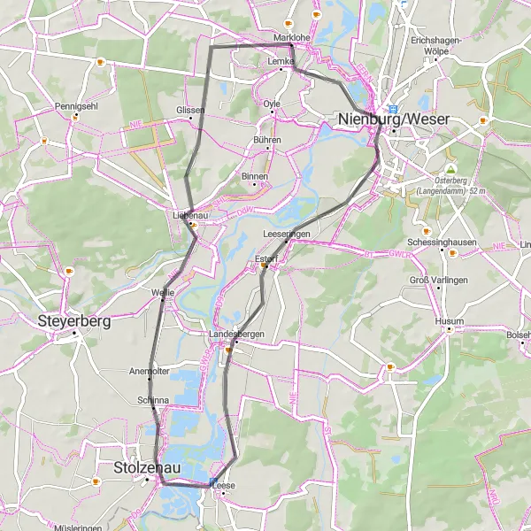 Karten-Miniaturansicht der Radinspiration "Road-Tour durch Nienburg und Landesbergen" in Hannover, Germany. Erstellt vom Tarmacs.app-Routenplaner für Radtouren