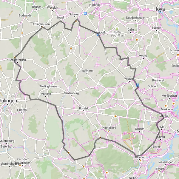 Karten-Miniaturansicht der Radinspiration "Radtour von Liebenau nach Marklohe" in Hannover, Germany. Erstellt vom Tarmacs.app-Routenplaner für Radtouren