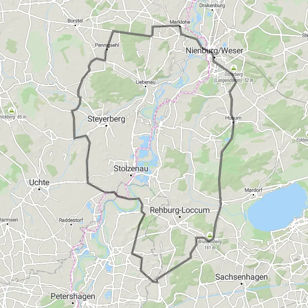 Karten-Miniaturansicht der Radinspiration "Roadtour von Nienburg/Weser nach Sudhalenbeck" in Hannover, Germany. Erstellt vom Tarmacs.app-Routenplaner für Radtouren