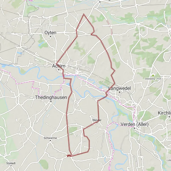 Map miniature of "The Achim Gravel Loop" cycling inspiration in Hannover, Germany. Generated by Tarmacs.app cycling route planner