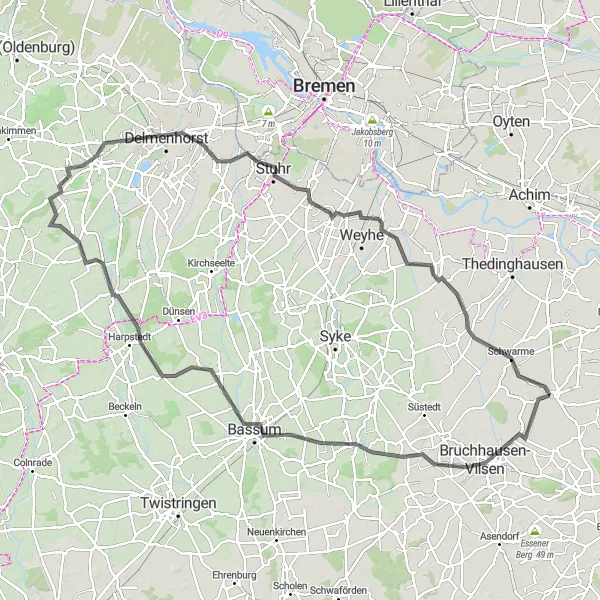 Map miniature of "Bruchhausen-Vilsen and Prinzhöfte Road Cycling Adventure" cycling inspiration in Hannover, Germany. Generated by Tarmacs.app cycling route planner