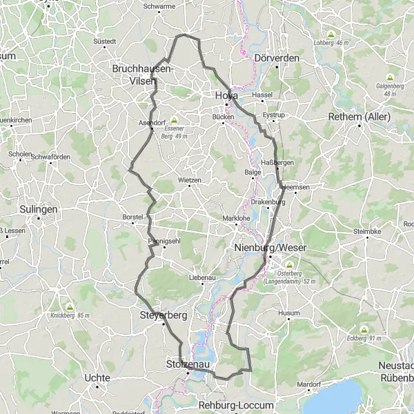 Karten-Miniaturansicht der Radinspiration "Erlebe die Schönheit entlang dieser 115 km langen Straßenroute von Hoya nach Asendorf" in Hannover, Germany. Erstellt vom Tarmacs.app-Routenplaner für Radtouren