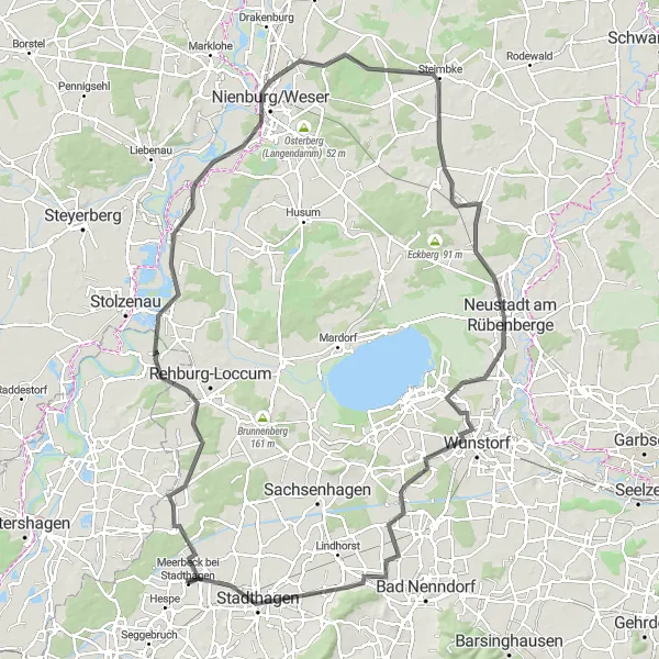 Map miniature of "The Long Road to Nienburg" cycling inspiration in Hannover, Germany. Generated by Tarmacs.app cycling route planner