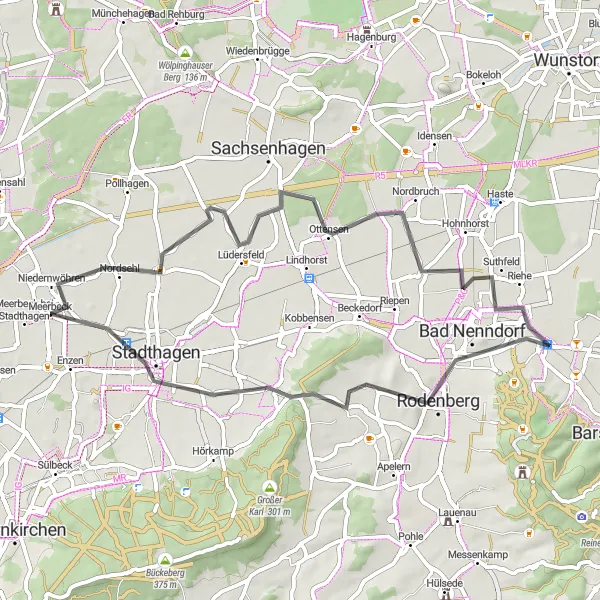 Map miniature of "Niedernwöhren Road Explorer" cycling inspiration in Hannover, Germany. Generated by Tarmacs.app cycling route planner