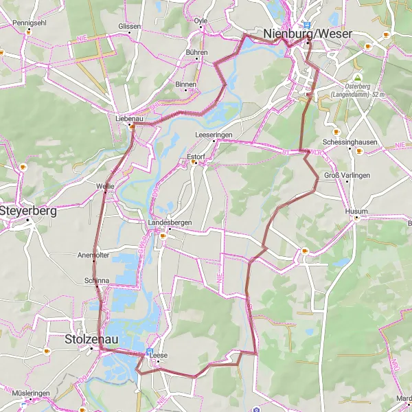 Karten-Miniaturansicht der Radinspiration "Kurze Gravel-Tour rund um Nienburg" in Hannover, Germany. Erstellt vom Tarmacs.app-Routenplaner für Radtouren