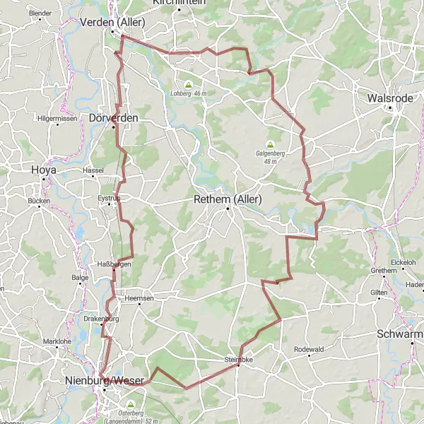 Map miniature of "Discover the Weser Hills" cycling inspiration in Hannover, Germany. Generated by Tarmacs.app cycling route planner