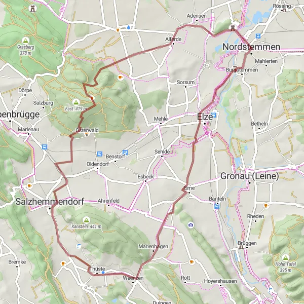 Map miniature of "Poppenburg and Marienhagen Gravel Route" cycling inspiration in Hannover, Germany. Generated by Tarmacs.app cycling route planner