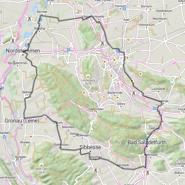 Map miniature of "Giesen and Hildesheim Road Route" cycling inspiration in Hannover, Germany. Generated by Tarmacs.app cycling route planner