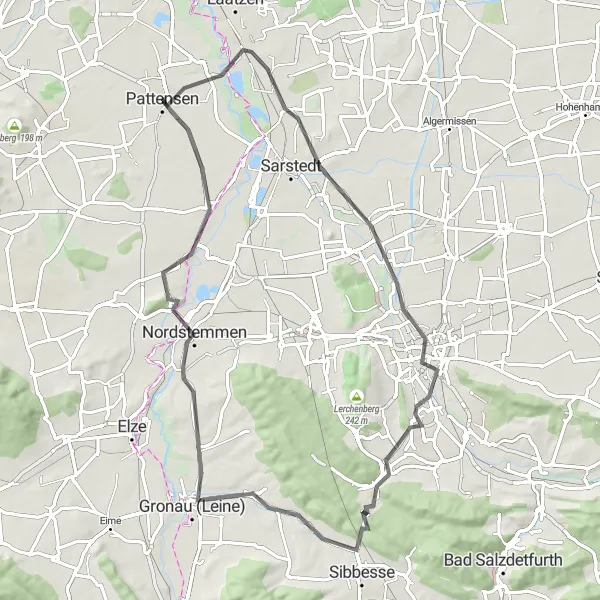 Map miniature of "Pattensen - Hildesheim - Marienberg - Jeinsen - Pattensen" cycling inspiration in Hannover, Germany. Generated by Tarmacs.app cycling route planner