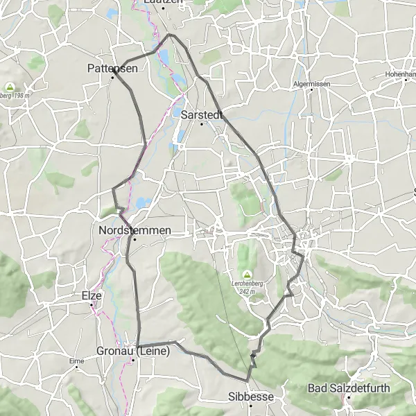 Karten-Miniaturansicht der Radinspiration "Pattensen-Steinberg-Hildesheim-Gronau-Runde" in Hannover, Germany. Erstellt vom Tarmacs.app-Routenplaner für Radtouren