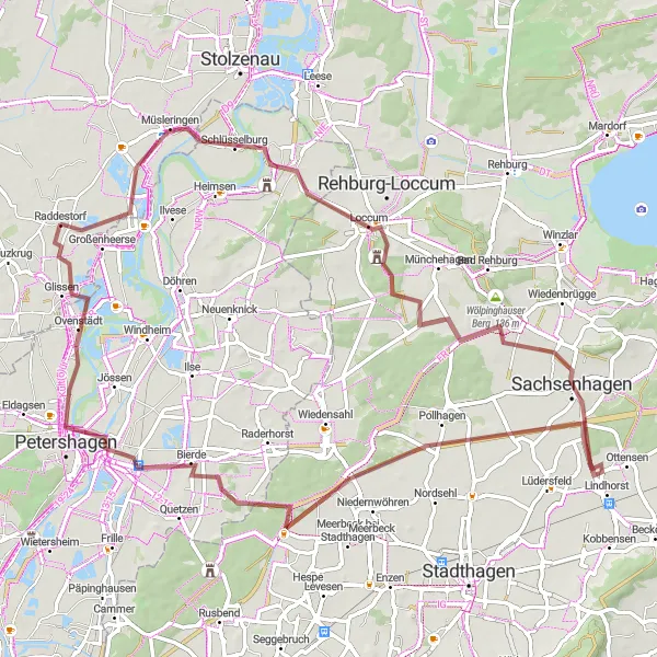 Map miniature of "Raddestorf to Petershagen" cycling inspiration in Hannover, Germany. Generated by Tarmacs.app cycling route planner
