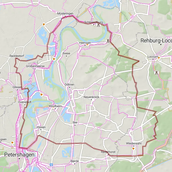 Map miniature of "The Gravel Adventure around Raddestorf" cycling inspiration in Hannover, Germany. Generated by Tarmacs.app cycling route planner