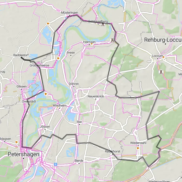Map miniature of "Raddestorf to Petershagen Road Cycling Route" cycling inspiration in Hannover, Germany. Generated by Tarmacs.app cycling route planner